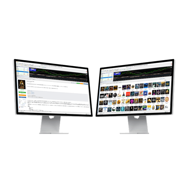 2つのiMacのデスクトップPC上のExness（エクスネス）のMetaTrader 4（MT4）でのMQL4言語対応の人気の自動売買(EA)のカタログを示す画像です。左側のデスクトップ画面では、特定の自動売買(EA)の仕様を示します。右側のデスクトップ画面では、MQL4言語対応の人気の自動売買(EA)のカタログ一覧を表示します。Exness（エクスネス）公式口座開設（日本）ページです。