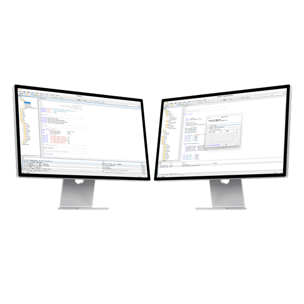 MetaQuotes社が開発した画期的なMT5プログラミング言語のMetaQuotes Language 5 (MQL5) を表示する2つのデスクトップ画面を並べて表示します。左側のデスクトップ画面は、MetaEditor のメイン画面を示し、右側のデスクトップ画面では、追加拡張や自作やカスタマイズ等もできる自動売買 (EA) ツールのExpertAdvisor (エキスパート・アドバイザー) の設定画面を示します。